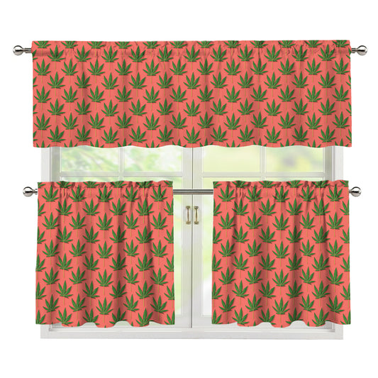 Green And Pink Cannabis Leaf Print 3 Piece Kitchen Curtains