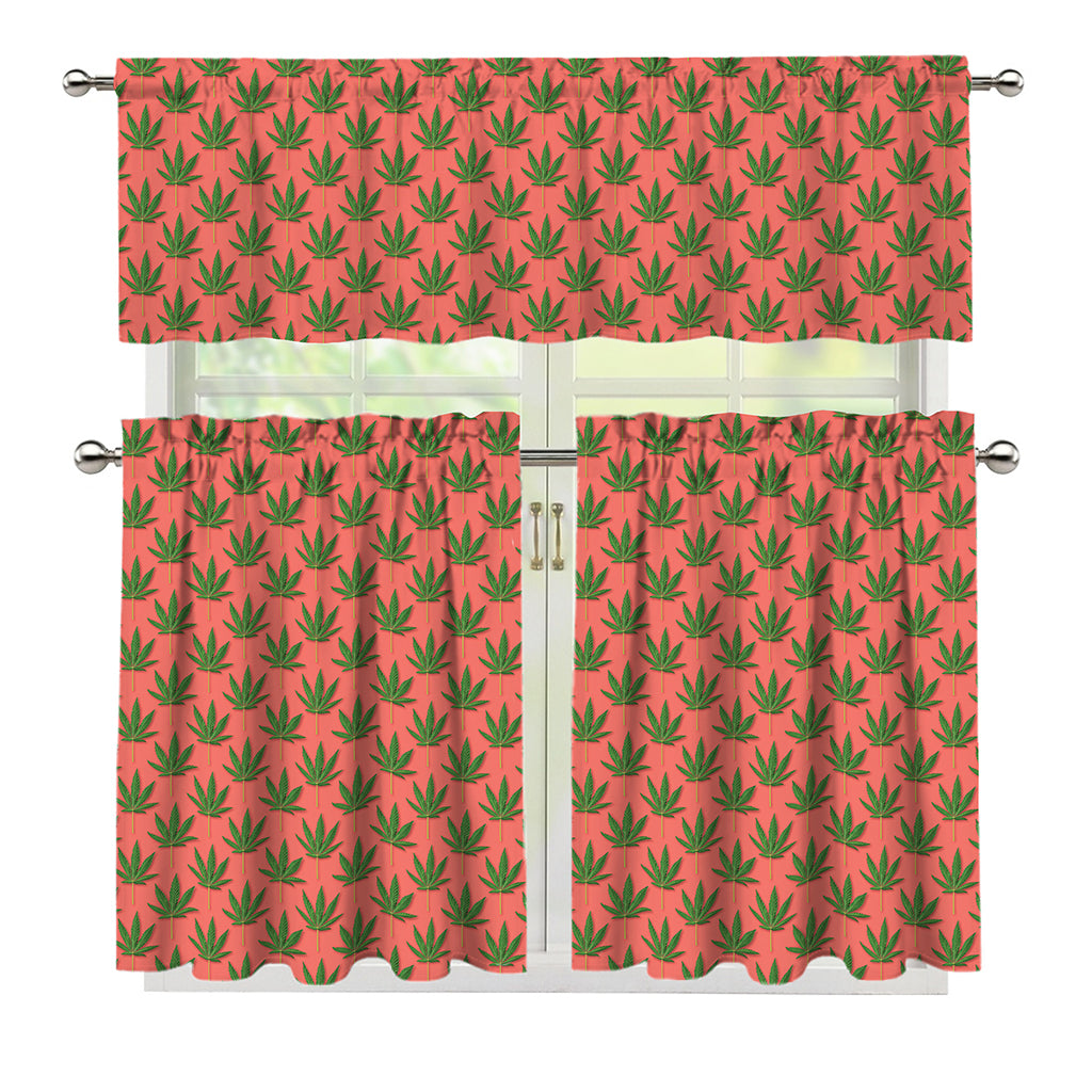Green And Pink Cannabis Leaf Print 3 Piece Kitchen Curtains