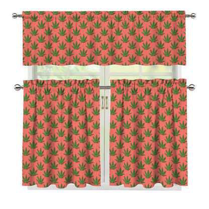 Green And Pink Cannabis Leaf Print 3 Piece Kitchen Curtains