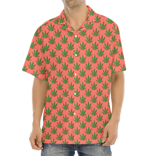 Green And Pink Cannabis Leaf Print Aloha Shirt