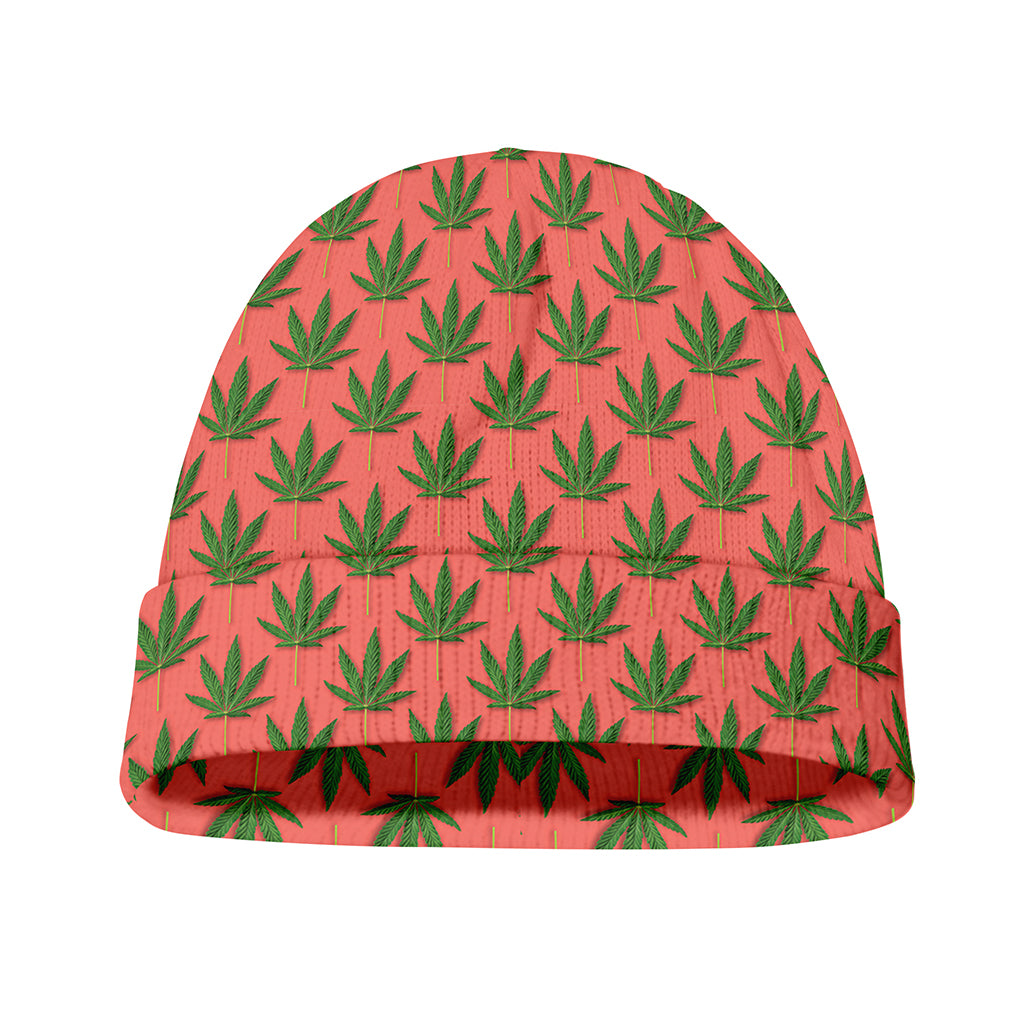 Green And Pink Cannabis Leaf Print Beanie