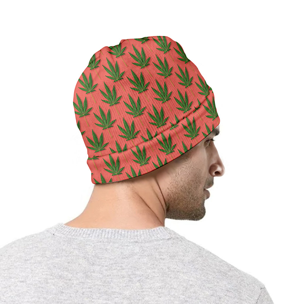 Green And Pink Cannabis Leaf Print Beanie