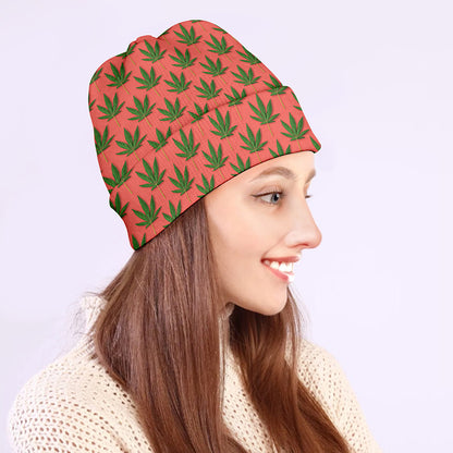 Green And Pink Cannabis Leaf Print Beanie