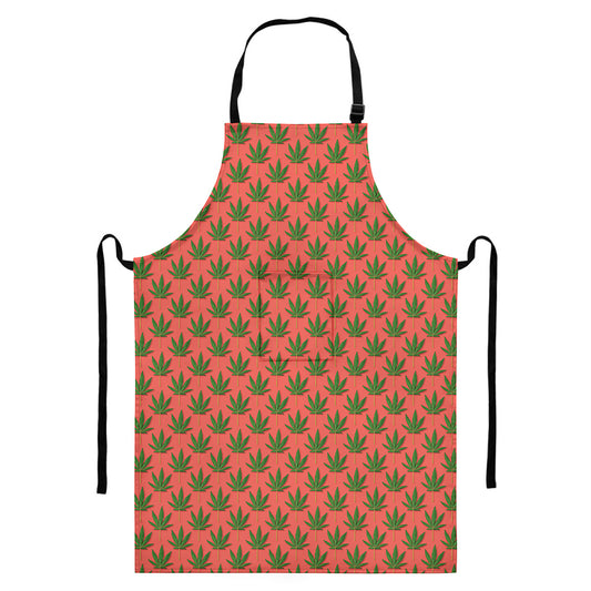 Green And Pink Cannabis Leaf Print Bib Apron With Pocket