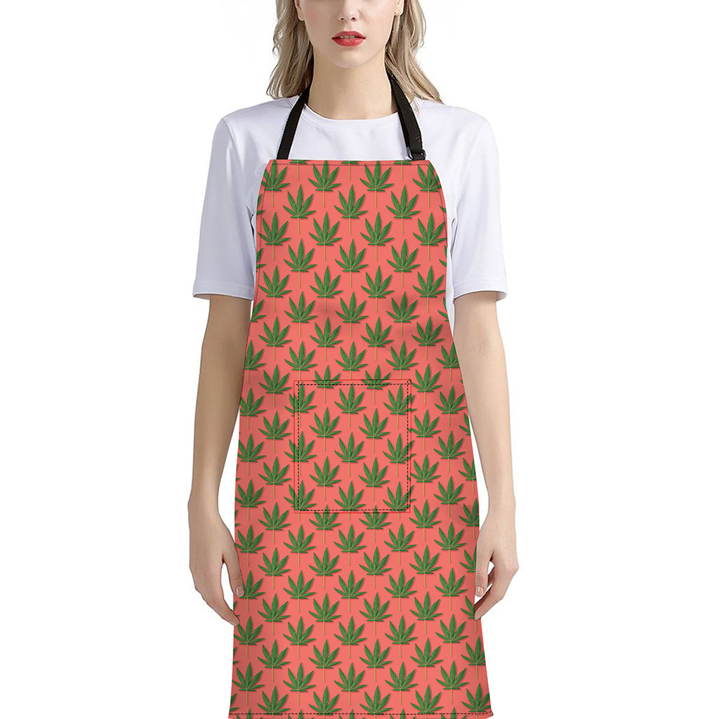 Green And Pink Cannabis Leaf Print Bib Apron With Pocket