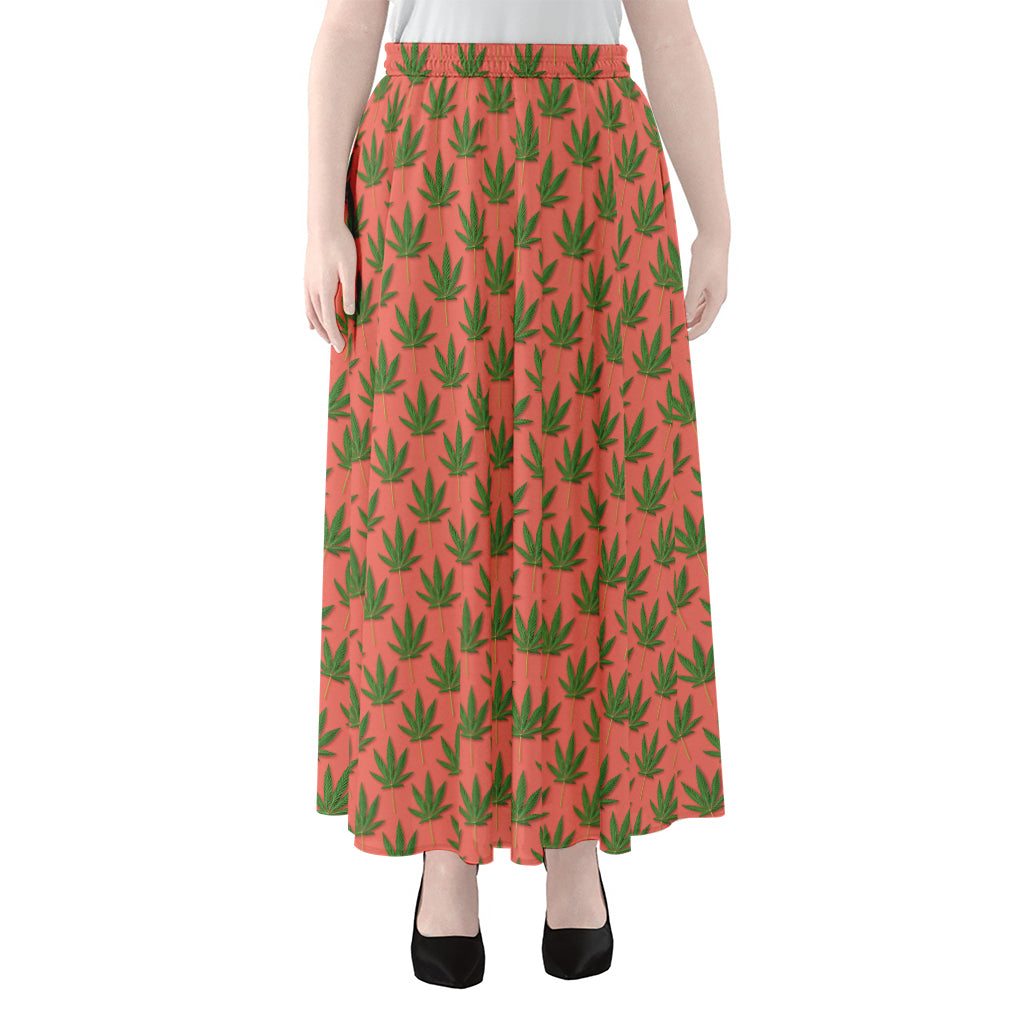 Green And Pink Cannabis Leaf Print Chiffon Maxi Skirt