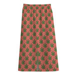 Green And Pink Cannabis Leaf Print Cotton Front Slit Maxi Skirt