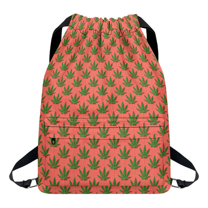 Green And Pink Cannabis Leaf Print Drawstring Backpack