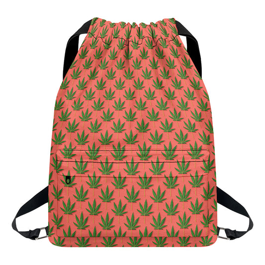 Green And Pink Cannabis Leaf Print Drawstring Backpack
