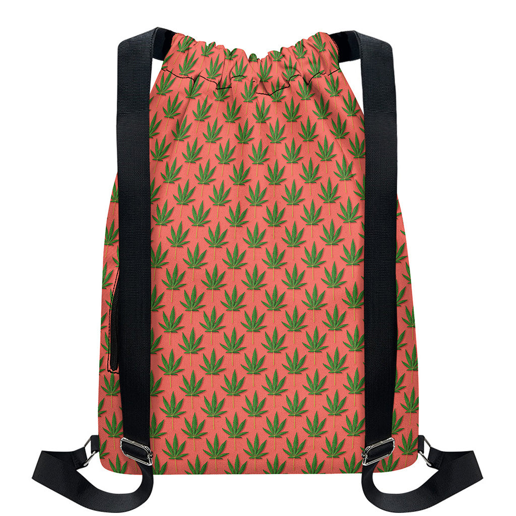 Green And Pink Cannabis Leaf Print Drawstring Backpack