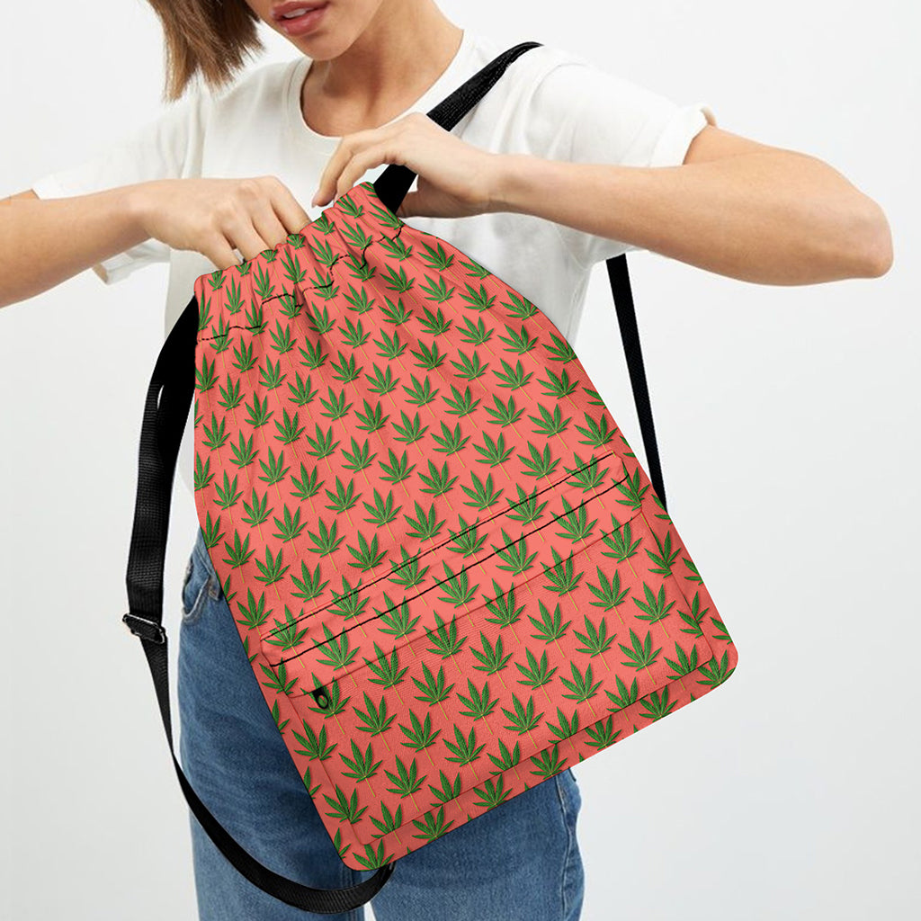 Green And Pink Cannabis Leaf Print Drawstring Backpack