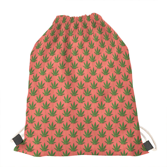 Green And Pink Cannabis Leaf Print Drawstring Bag