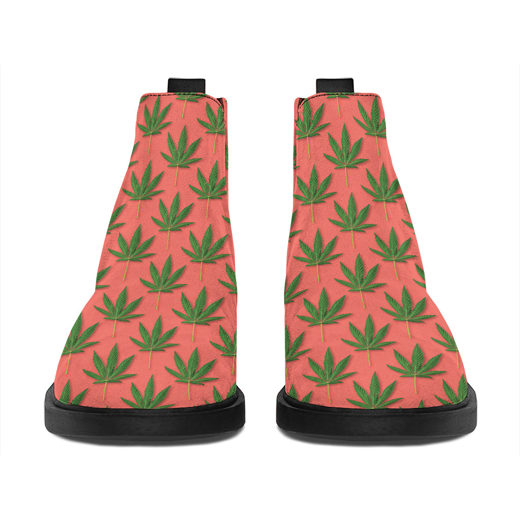 Green And Pink Cannabis Leaf Print Flat Ankle Boots