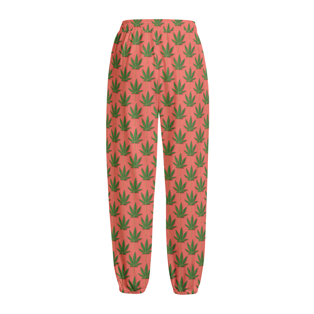 Green And Pink Cannabis Leaf Print Fleece Lined Knit Pants
