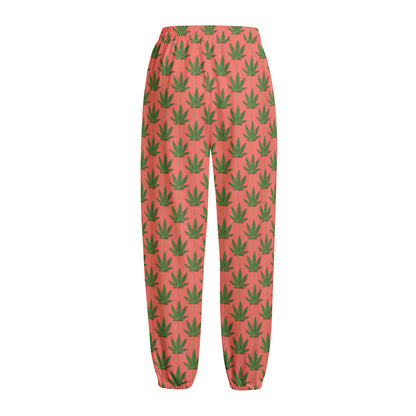 Green And Pink Cannabis Leaf Print Fleece Lined Knit Pants