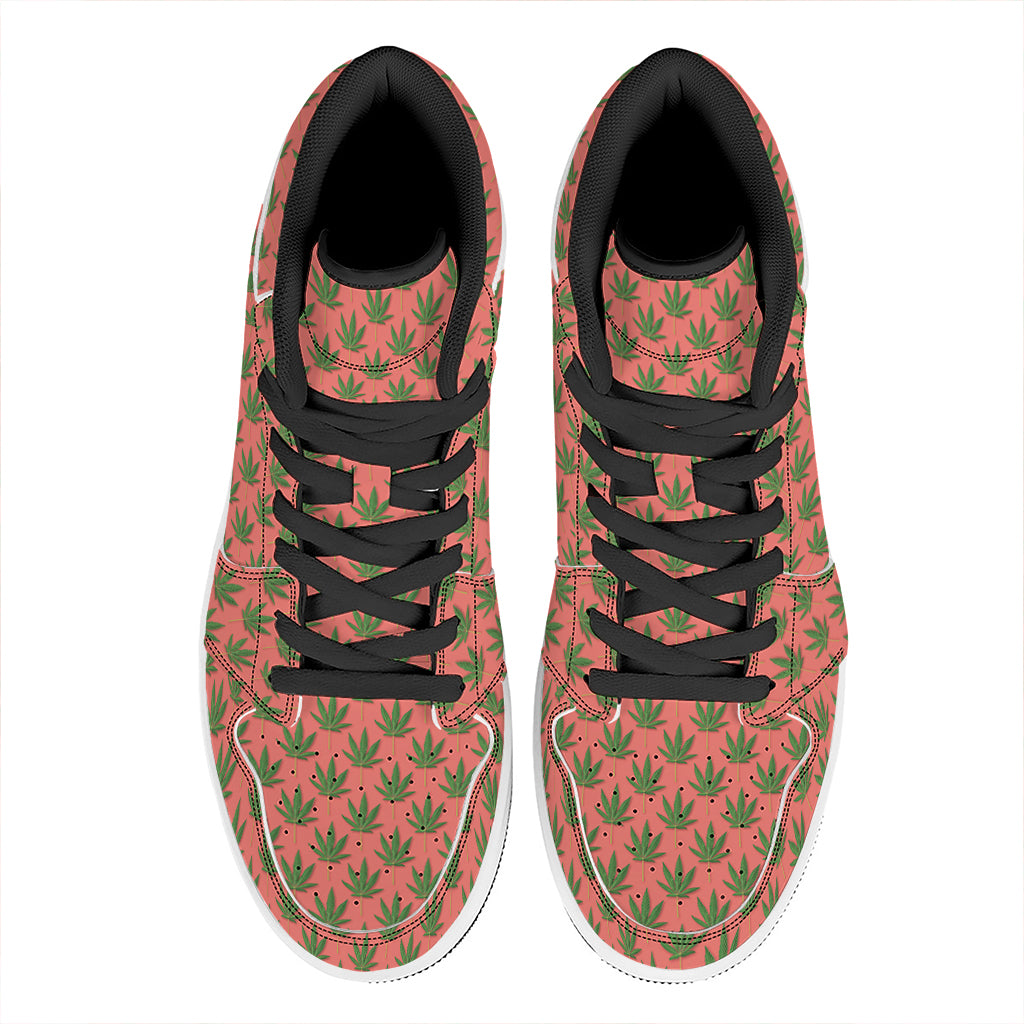 Green And Pink Cannabis Leaf Print High Top Leather Sneakers