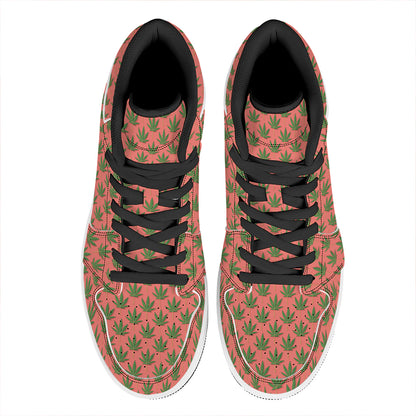 Green And Pink Cannabis Leaf Print High Top Leather Sneakers