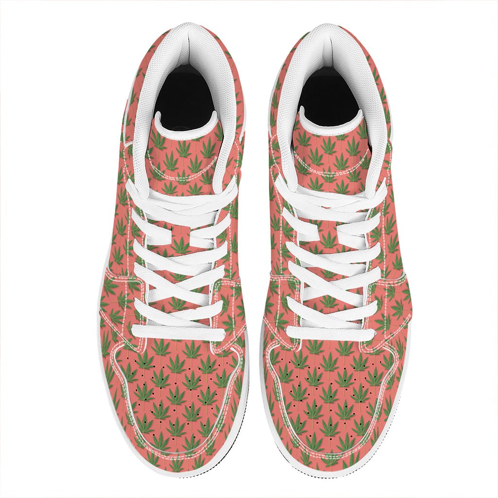 Green And Pink Cannabis Leaf Print High Top Leather Sneakers