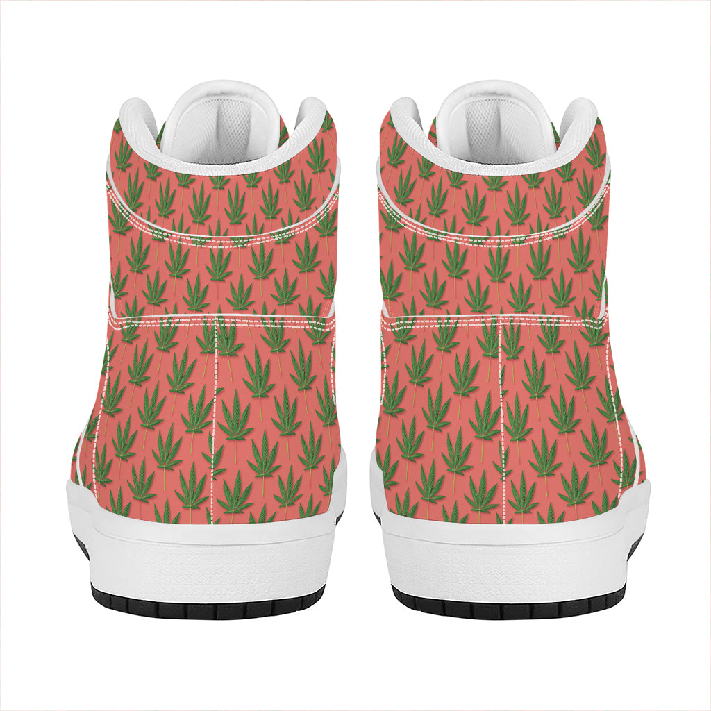 Green And Pink Cannabis Leaf Print High Top Leather Sneakers