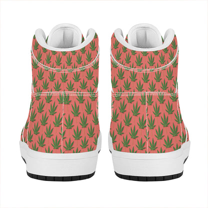Green And Pink Cannabis Leaf Print High Top Leather Sneakers