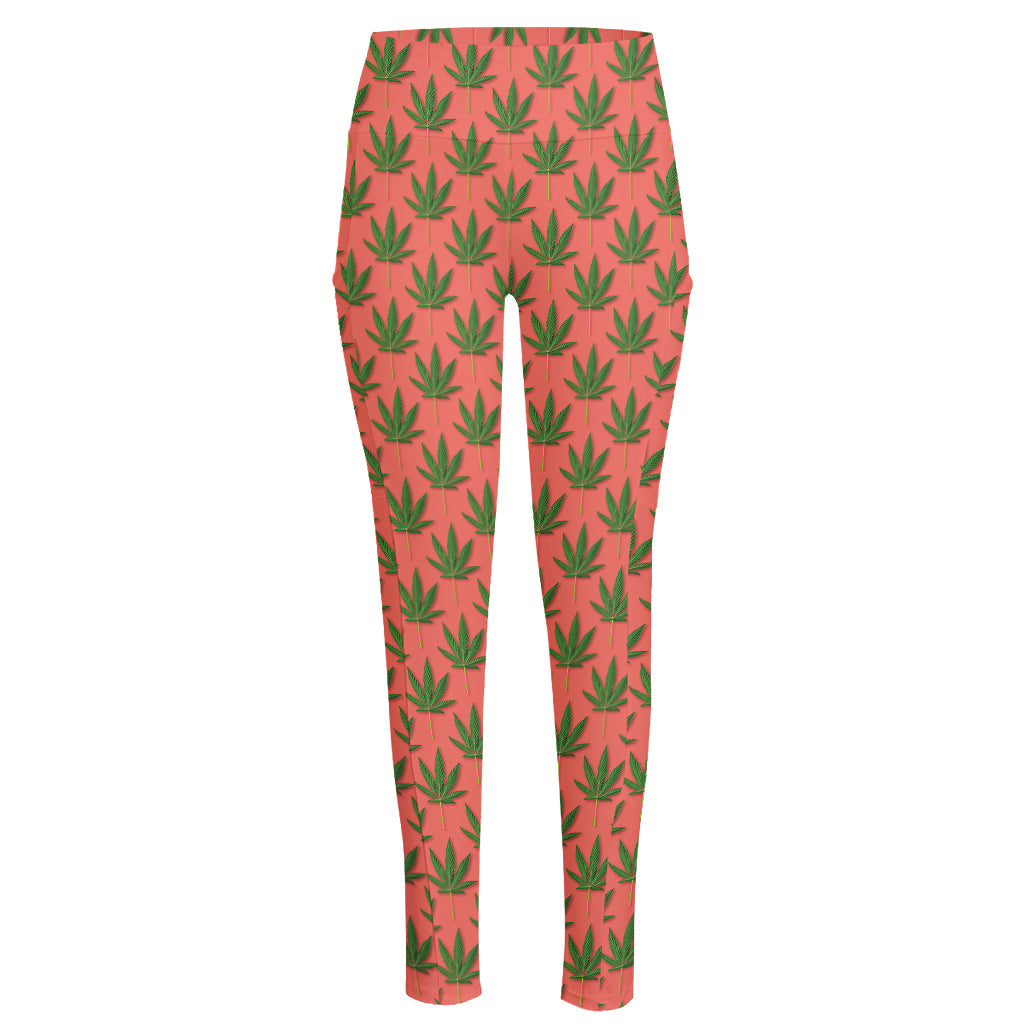 Green And Pink Cannabis Leaf Print High-Waisted Pocket Leggings