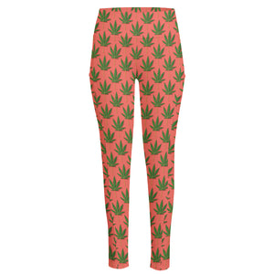 Green And Pink Cannabis Leaf Print High-Waisted Pocket Leggings