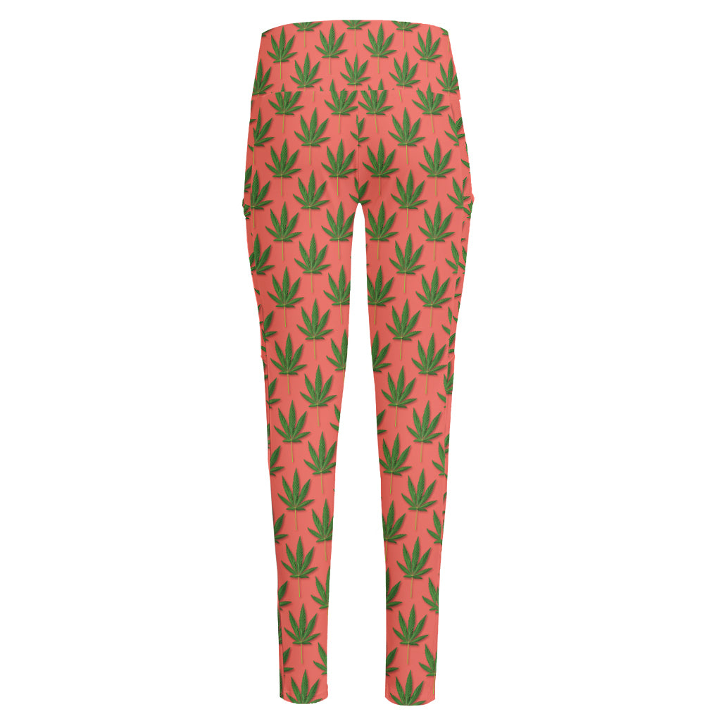 Green And Pink Cannabis Leaf Print High-Waisted Pocket Leggings