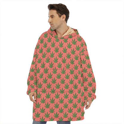 Green And Pink Cannabis Leaf Print Hoodie Blanket