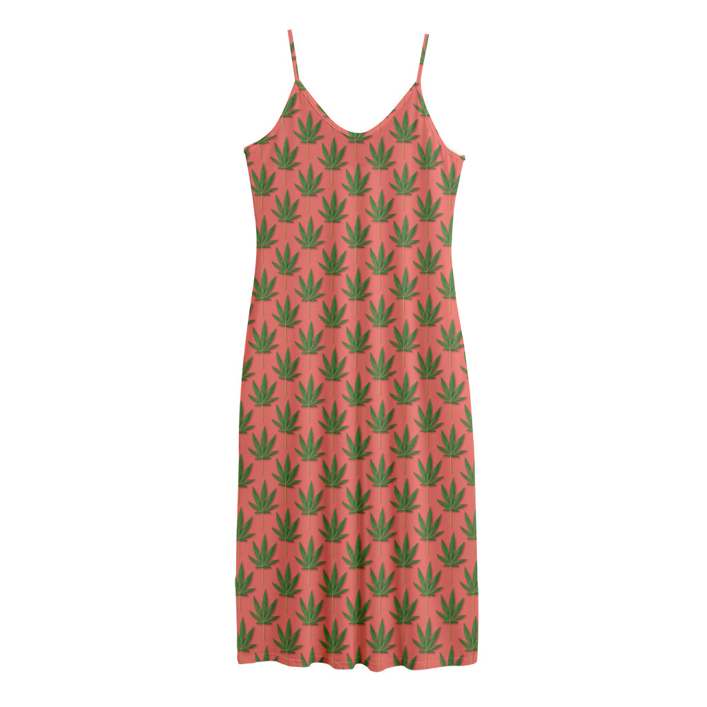 Green And Pink Cannabis Leaf Print Jersey Midi Cami Dress