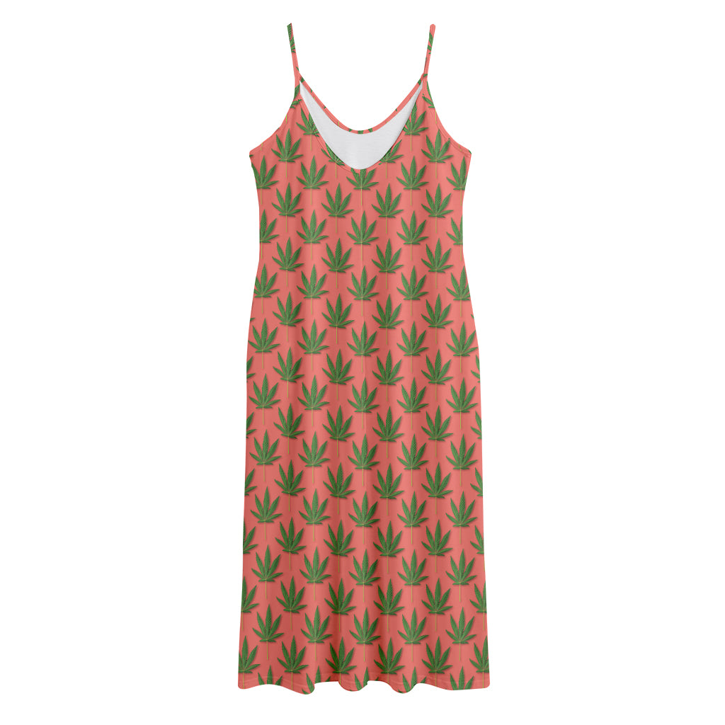 Green And Pink Cannabis Leaf Print Jersey Midi Cami Dress