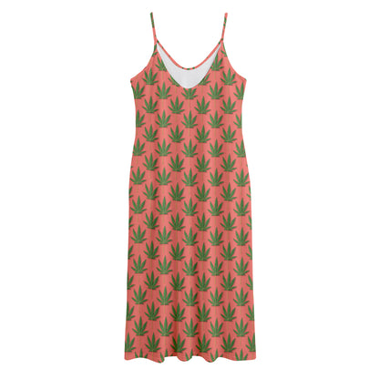 Green And Pink Cannabis Leaf Print Jersey Midi Cami Dress
