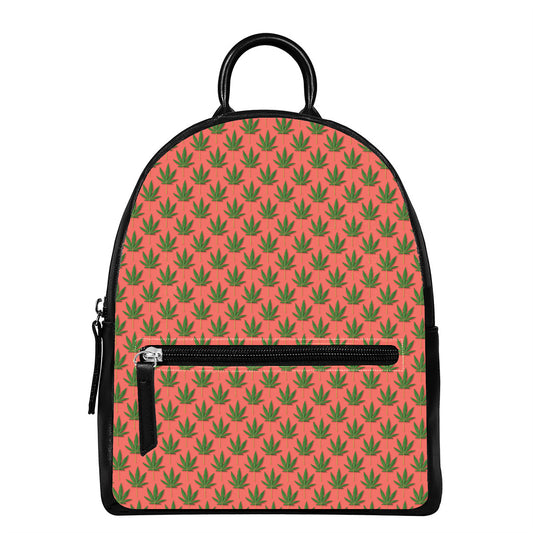 Green And Pink Cannabis Leaf Print Leather Backpack