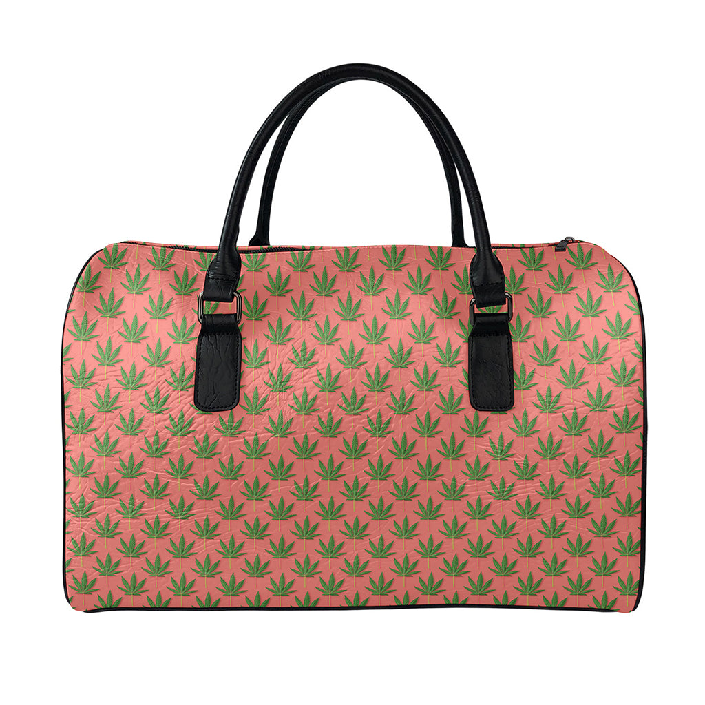 Green And Pink Cannabis Leaf Print Leather Duffle Bag