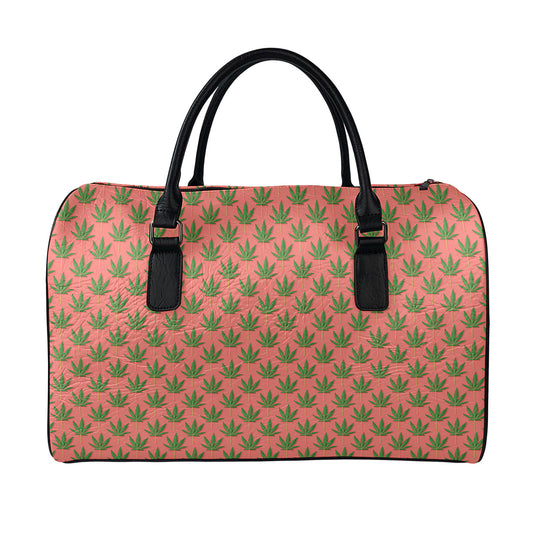 Green And Pink Cannabis Leaf Print Leather Duffle Bag
