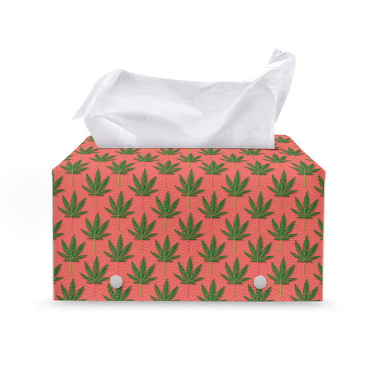 Green And Pink Cannabis Leaf Print Leather Tissue Box Cover
