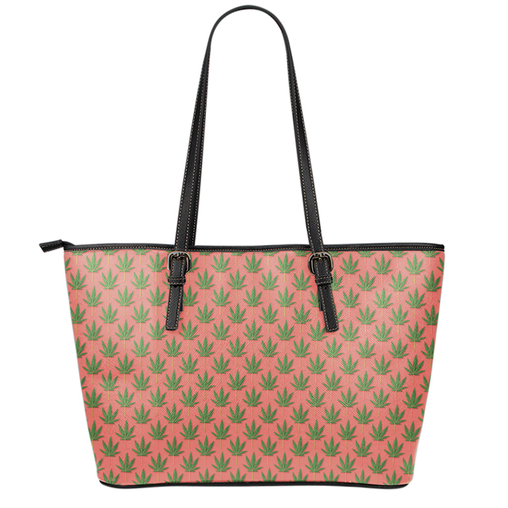 Green And Pink Cannabis Leaf Print Leather Tote Bag