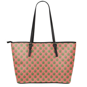 Green And Pink Cannabis Leaf Print Leather Tote Bag