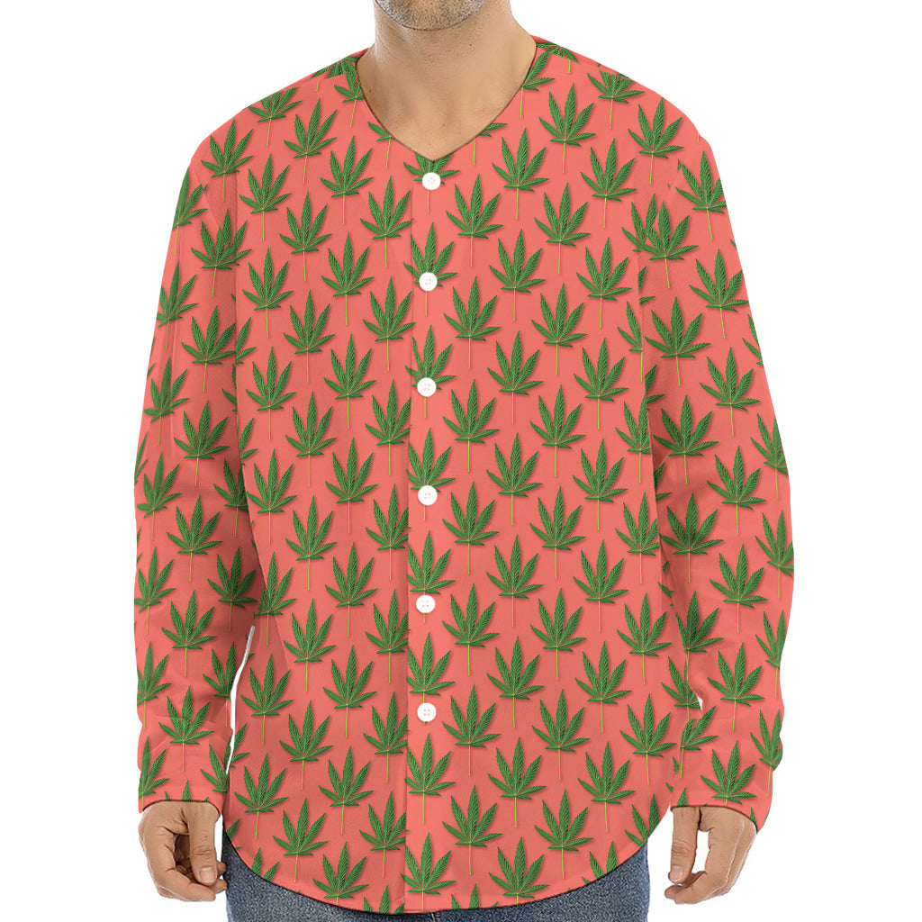 Green And Pink Cannabis Leaf Print Long Sleeve Baseball Jersey