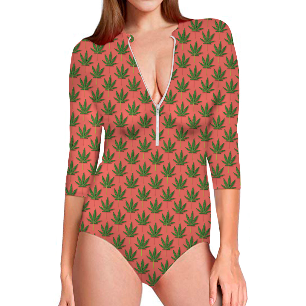 Green And Pink Cannabis Leaf Print Long Sleeve Swimsuit