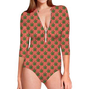 Green And Pink Cannabis Leaf Print Long Sleeve Swimsuit