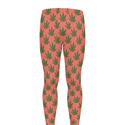 Green And Pink Cannabis Leaf Print Men's leggings