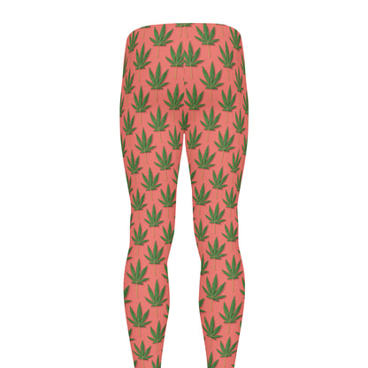 Green And Pink Cannabis Leaf Print Men's leggings