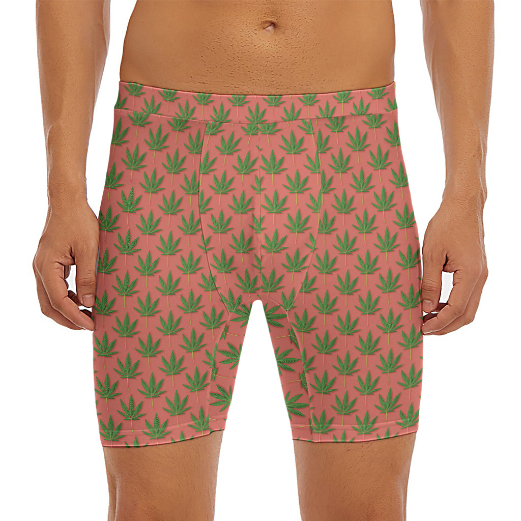 Green And Pink Cannabis Leaf Print Men's Long Boxer Briefs