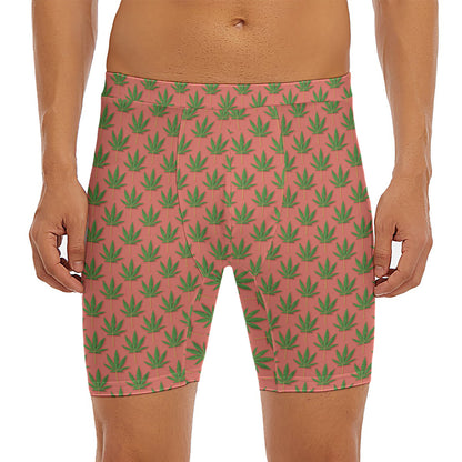 Green And Pink Cannabis Leaf Print Men's Long Boxer Briefs