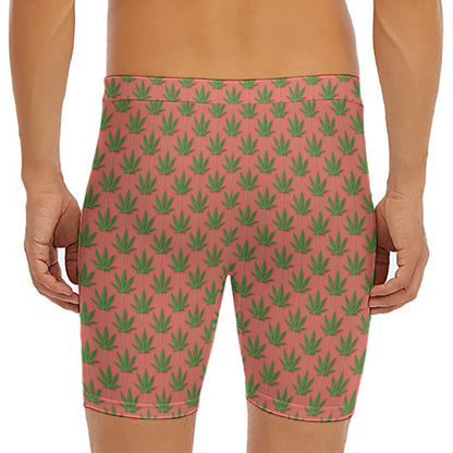 Green And Pink Cannabis Leaf Print Men's Long Boxer Briefs