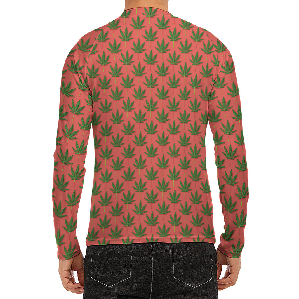 Green And Pink Cannabis Leaf Print Men's Long Sleeve Rash Guard