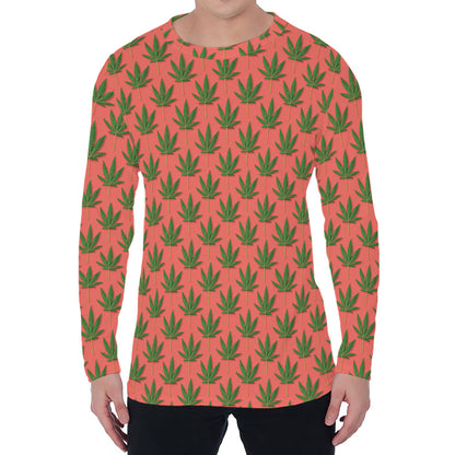 Green And Pink Cannabis Leaf Print Men's Long Sleeve T-Shirt