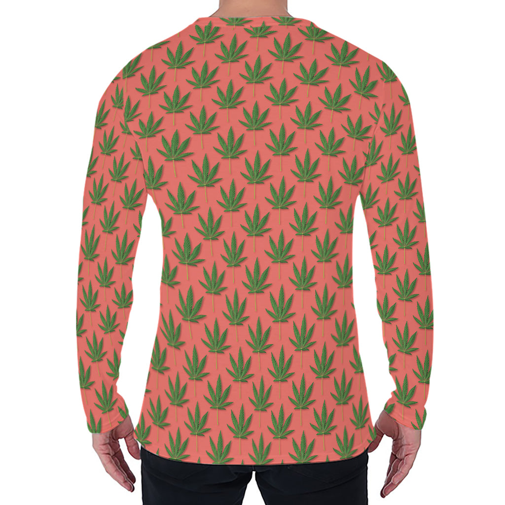 Green And Pink Cannabis Leaf Print Men's Long Sleeve T-Shirt
