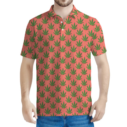 Green And Pink Cannabis Leaf Print Men's Polo Shirt