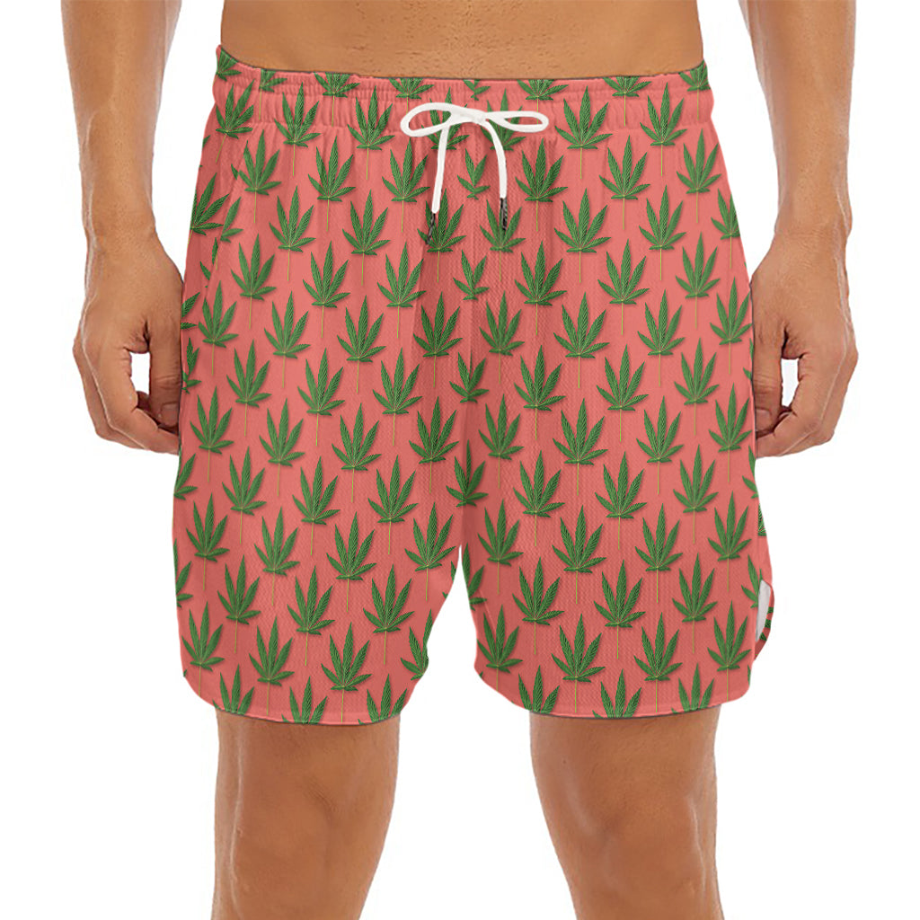 Green And Pink Cannabis Leaf Print Men's Split Running Shorts